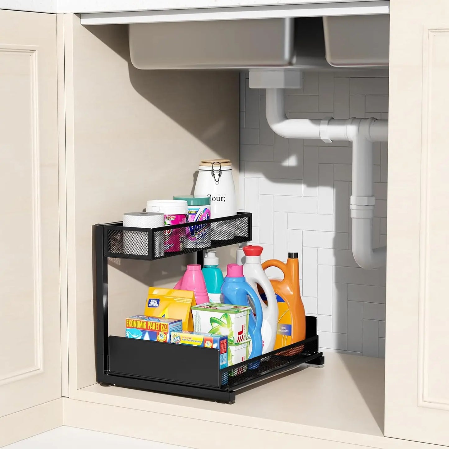 under Sink Organizer and Storage- 2 Tier Slide Out under Sink Storage Shelf